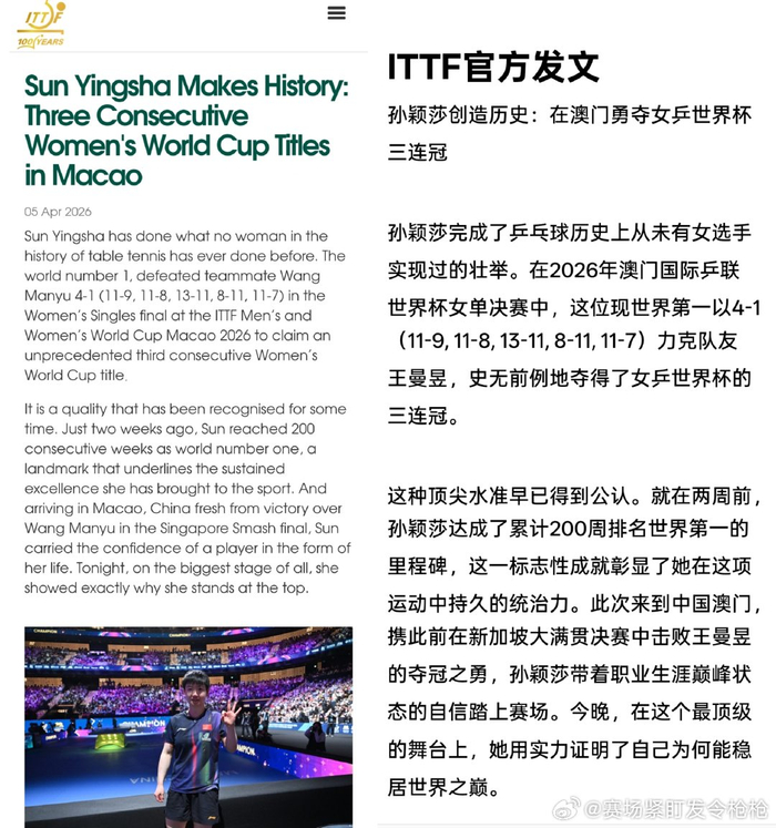 开云官网-孙颖莎澳门世界杯三连冠创女乒历史|王曼昱|女乒世界杯|国际乒联|澳门国际乒联世界杯|ITTF_新浪体育_新浪新闻